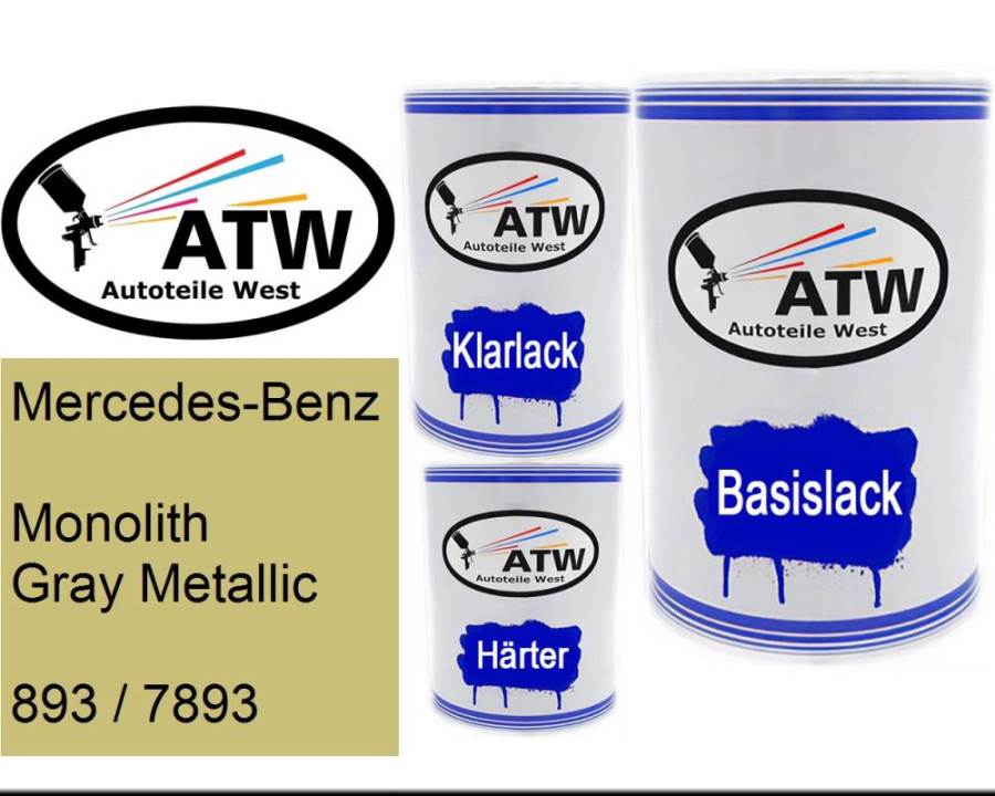 Mercedes-Benz, Monolith Gray Metallic, 893 / 7893: 500ml Lackdose + 500ml Klarlack + 250ml Härter - Set, von ATW Autoteile West.